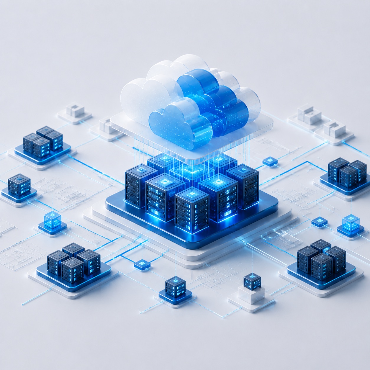 Representación abstracta de infraestructura, nube y servidores conectados
